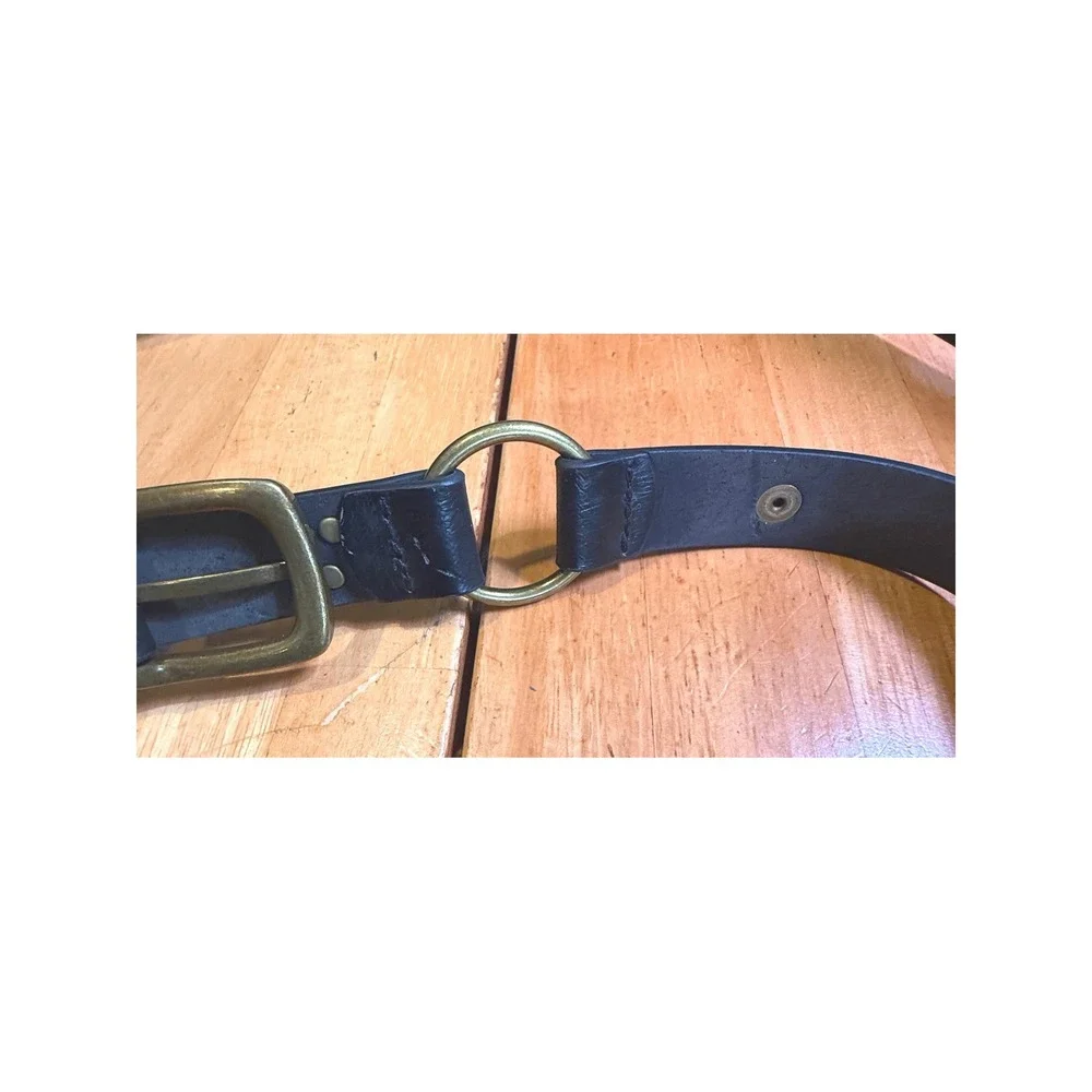 Vintage Black‎ Leather O-Ring Grommet Belt Antique Brass V Logo Grunge Moto